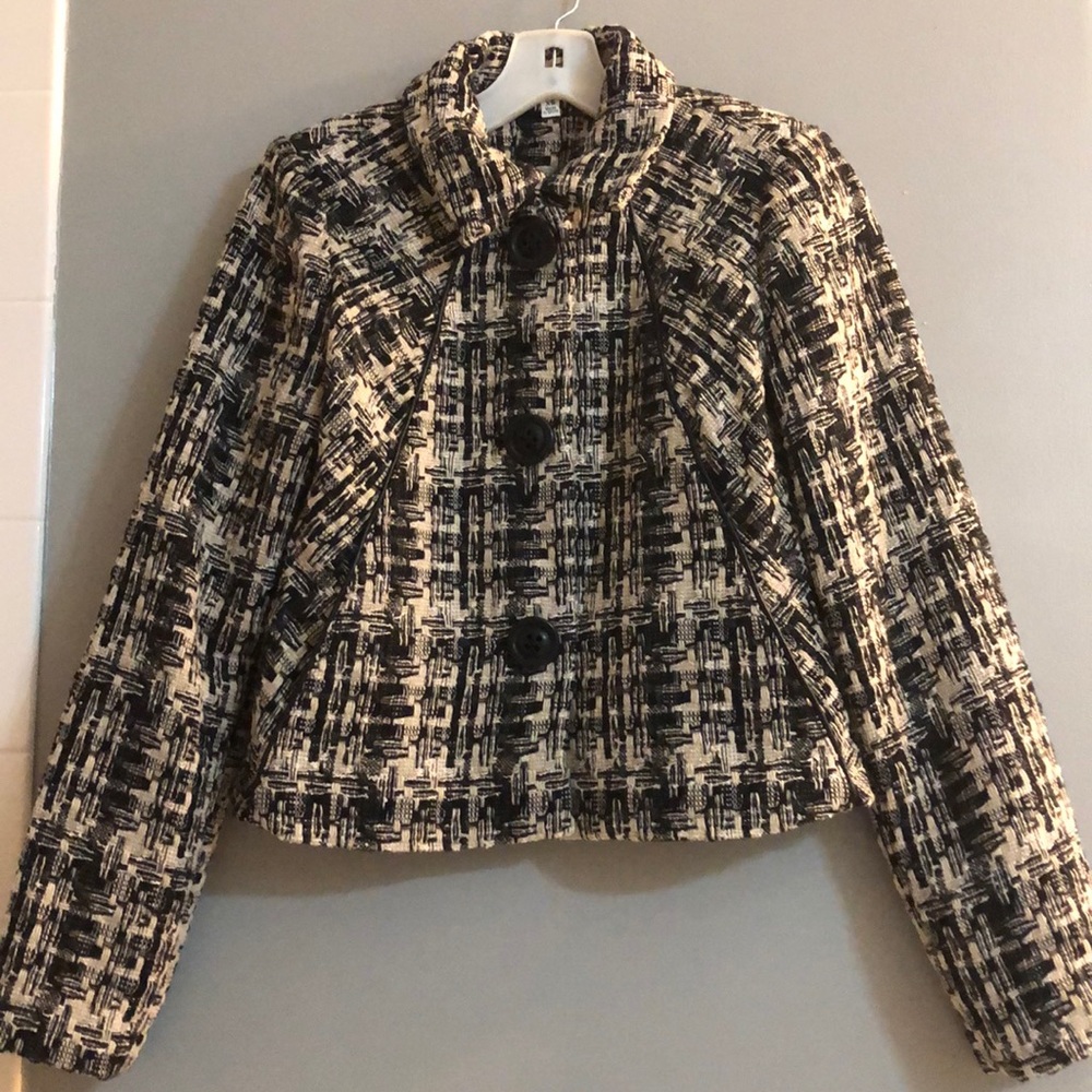 CAbi Jacket Blazer Black White Wool Woven Tweed